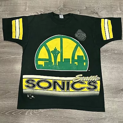 Vintage 90's NBA Seattle Supersonics Sonics AOP All Over Print T-Shirt Men’s XL • $99.99
