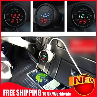 3 In 1 USB Car Charger 12V/24V Auto Voltmeter Thermometer Car Charger Adapter • £6.59