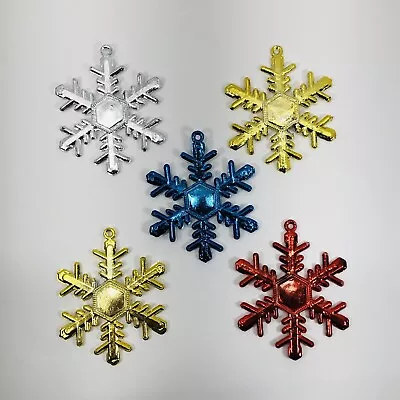 Vintage Plastic Snowflake Christmas Ornaments Metallic Color Paint 3.5i Set Of 5 • $9.89