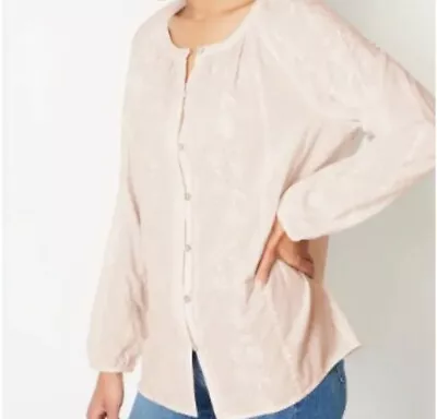 NWT J Jill Peasant Blouse Size Large Bisque Peach Embroidered Button Retail $99 • $34.50