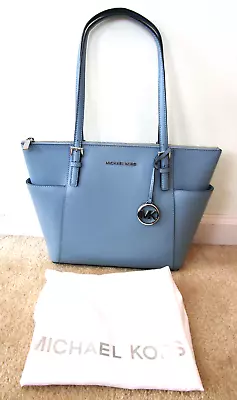 New MICHAEL KORS Chambray Blue Leather Zip-Top East West JET SET Shoulder Tote • $125