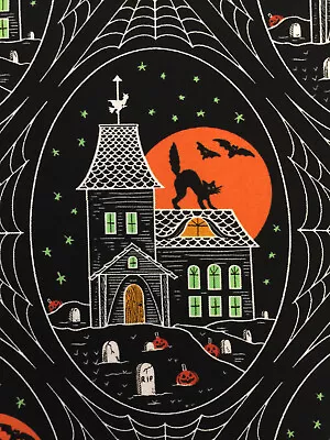 $5.99 • Buy RETRO VINTAGE HALLOWEEN SCAREDY CAT HAUNTED HOUSES BLACK Cotton Fabric HALF YARD