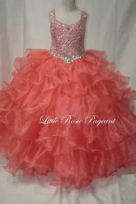 NEW Little Rosie Girls Glitz Long Pageant Dress LR2008 Neon Coral 12 $550 Ruffle • $337.50