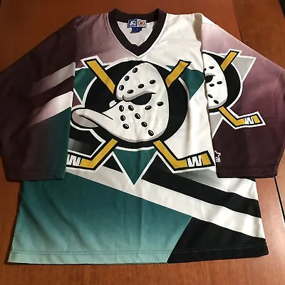 Starter Mighty Ducks Of Anaheim All Over Print NHL Hockey Jersey Vintage White M • $110.27