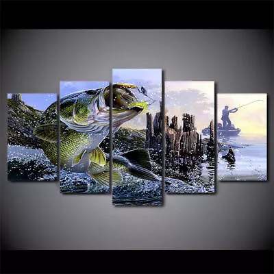 Largemouth Bass Fishing Boat 5 Piece Canvas Print Picture HOME DECOR Wall Art • $175.77