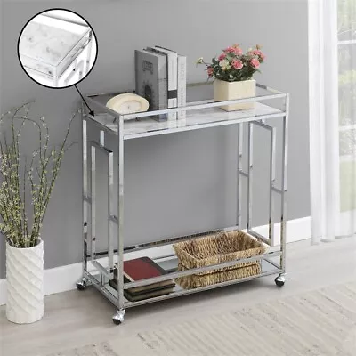 Town Square Chrome Metal Faux Marble Mirrored Bar Cart With Shelf • $177.55