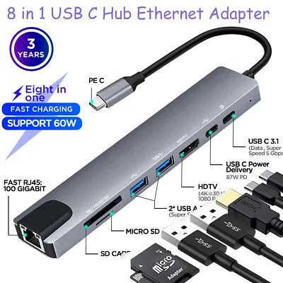 $24.99 • Buy 8-in-1 USB-C Hub Adapter Type-C Hub HDMI For MacBook Pro/Air IPad Pro Laptop