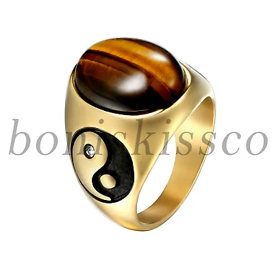 Men Bagua Yinyang Manmade Tiger Eye Yellow Gold Plated Stainless Steel Band Ring • $9.99