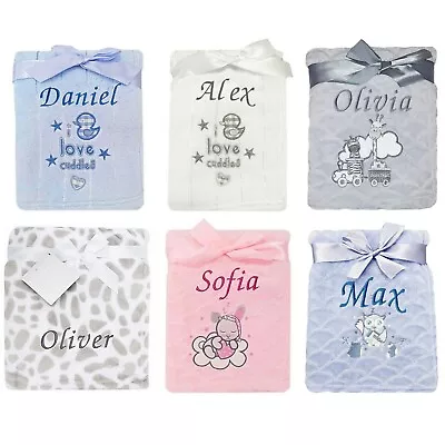 Baby Personalised Blanket Embroidered Name Animals Pink Blue Grey White Banket • £12.95