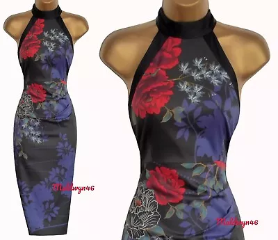 Karen Millen ✩ Stunning Midnight Floral Oriental Halter Pencil Dress ✩ Uk 10 • £79.99