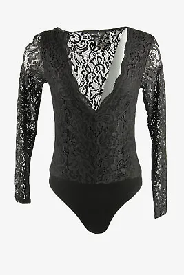 Sheer Mesh Bodysuit Embroidered V Neck Party Cocktail Black Size S  - LB417 • £14.95