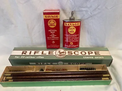Gun Oil Tin & Grease Rifle Scope .22 Wood Rifle Cleaning Brush Kit Antique Lot • $179