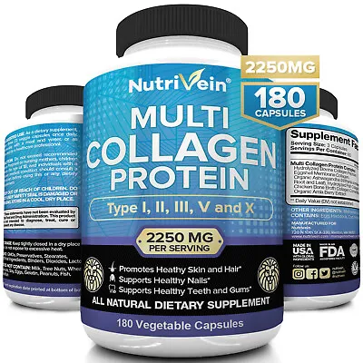 $19.99 • Buy Nutrivein Multi Collagen Pills 2250mg - 180 Capsules - Hair, Skin, Nails, Bones