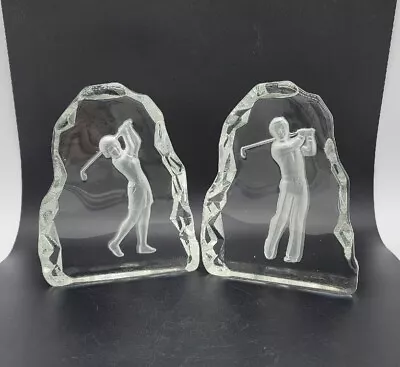2pc Set Of His And Hers Man Woman Golfing Solid Clear Glass Bookends Heavy • $38.71