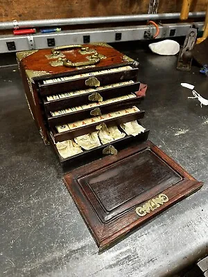 Vintage 1920's Bamboo Dovetail Mah Jongg Set Tiles Mahjong Wood Brass Box • $675