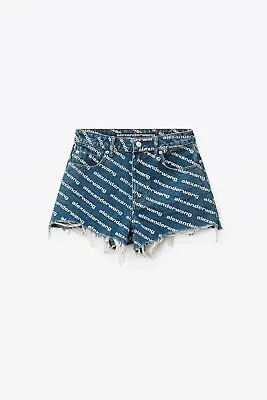 Alexander Wang Classic Denim Shorts High-waisted In Deep Blue Indigo Logo Print • $200