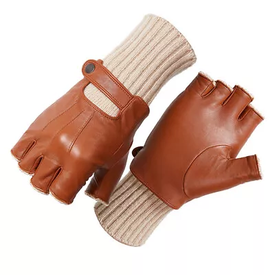 Men's Real Leather  Military Fingerless Semi-Finger Driving Riding Mitts Gloves • $26.80