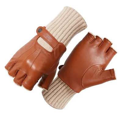 Real Leather Men's Military Fingerless Semi-Finger Driving Riding Mitts Gloves • $26.59