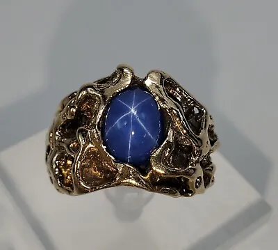 Vintage 14k Yellow Gold Lab Grown Blue Star Sapphire Mens Nugget Ring 7.25'' • $1449.95