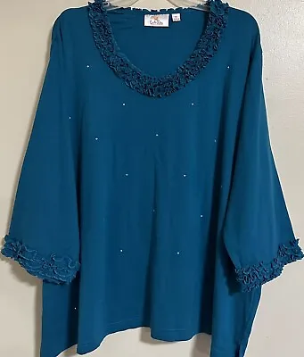 Quacker Factory Lettuce Edge Teal 3/4 Sleeve Shirt Rhinestones Women’s Size 3X • $16.99