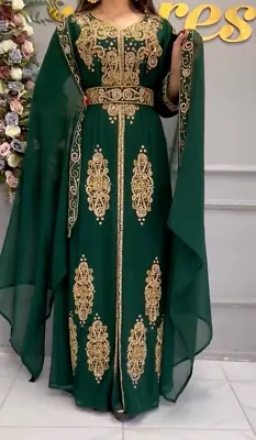 SALE Cristal Work Green Wedding Dresses Moroccan Kaftan Very Fancy Long Gown 418 • $85.67