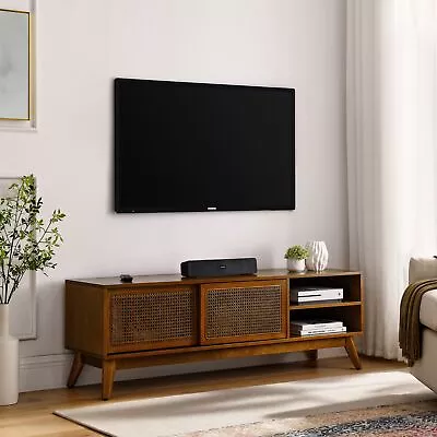 Rattan TV 65 In Stand TV Entertainment Cabinet Media Console Feet Doors  Wood • $243.40