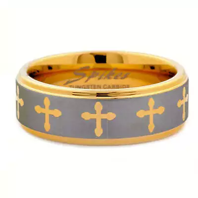 Saints Cross: Mens Gold IP Tungsten Carbide Comfort Fit Band Ring • $18.99