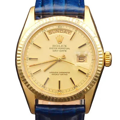 Mens Rolex Day-Date 1803 Solid 18K Yellow Gold Watch Champagne Dial Blue Band • $9099.98