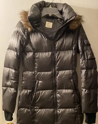 Puffer Jacket Down S13 NYC Faux Fur Hood Chalet Brown Satin Women’s Sz XS B73 • $37.99