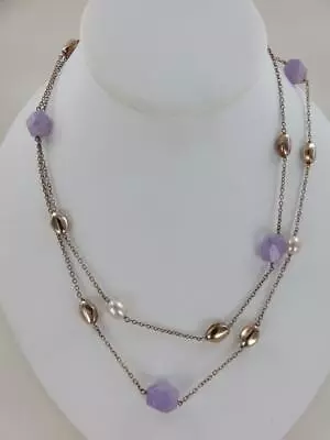 Veronese Necklace Sterling Silver Rose Gold Vermeil Pearl Amethyst Bead Station • $39.99