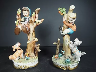 2 Vintage Capodimonte Figures - Boy & Girl Up Trees Chased By Dogs • £69.99