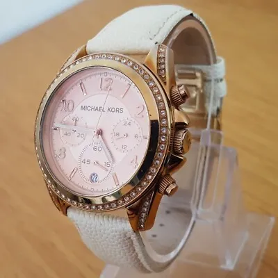 Ladies Rose-Gold Michael Kors Blair MK5263 Cream Leather Crystal Chrono Watch • $62.16