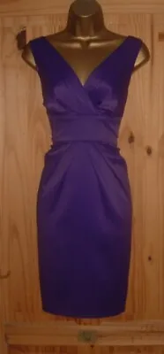 Purple Satin Pencil Wiggle Galaxy Pleated Smart Cocktail Evening Dress Sz 14 12 • £24