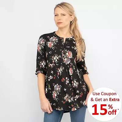 Womens Black Top 3/4 Sleeve Floral Blouse Jersey Casual Loose Relaxed • £17.95