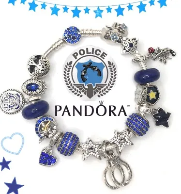 Authentic PANDORA Bracelet W 925 Mix Charms ‘To Serve & Protect’ Officer Design • $128.50