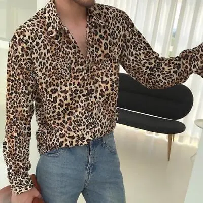 Tops Men Long Sleeve Leopard Printed Shirt Beach Casual Hawaiian T Shirt Blouse  • $16.79