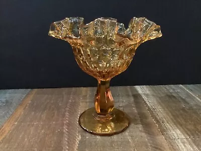 Vintage Fenton Amber Glass Ruffled Edge Hobnail Compote Pedestal Candy Dish • $19