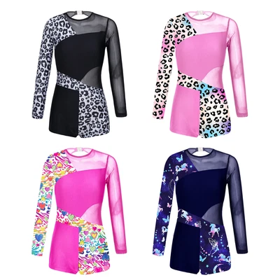 £17.19 • Buy Kid Girl Stylish Bodysuit Long Sleeve Catsuit Mesh Unitard Rhinestone Dancewear