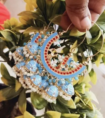 Indian Bollywood Style Kundan Enameled Bali Hoop Earrings Light Blue Jhumka Set • $29.99
