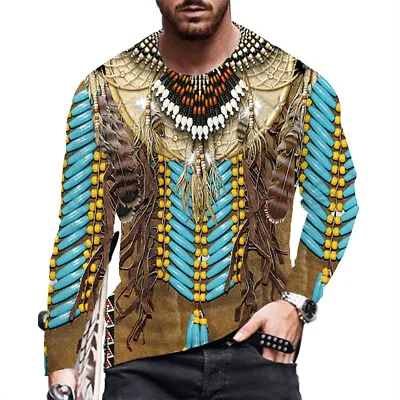 Men‘s Long Sleeve Indian Totem Graphic T Shirts Soft Fashion Top • $23.86