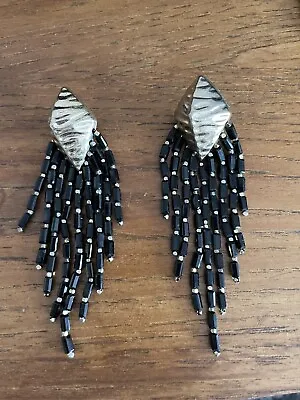 Zara Black Beaded Chandelier Mob Wife Style Statement Pierced Earrings Gold Tone • £8.50