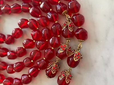 Sign Miriam Haskell Red Glass Beads Baroque Ruby Rhinestone Necklace Jewelry • $202.50