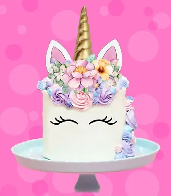 $13.95 • Buy 🌟 Unicorn Gold Horn Ears Flowers Edible Stand Up Cake Topper Image Decoration