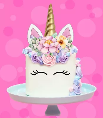 $13.95 • Buy 🌟 Unicorn Gold Horn Ears Flowers Edible Stand Up Cake Topper Image Decoration