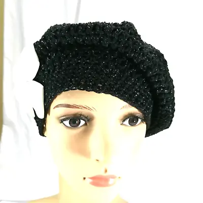 £12.99 • Buy Crochet Beret Cloche Hat 1920 Vintage Ladies One Size Black Shimmer Handmade