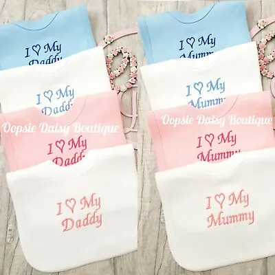 I Love Mummy & Daddy Embroidered Bibs • £3.50