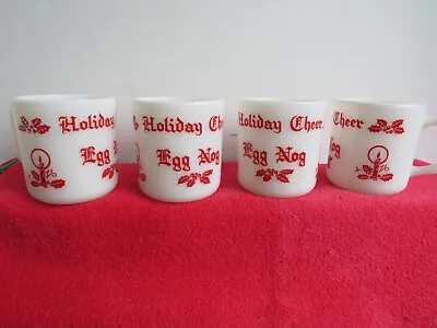 Anchor Hocking Milk Glass Holoday Cheer Egg Nog Mugs Set 4 • $16