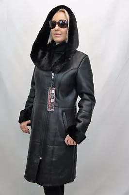 £273.12 • Buy NEW Black REAL 100% GENUINE SHEEPSKIN Shearling Leather Long Coat Hood XS - 6XL