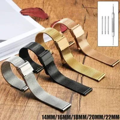 US 14mm-22mm Mesh Watch Band Stainless Steel Buckle Clasp Watch Strap Replace • $10.39