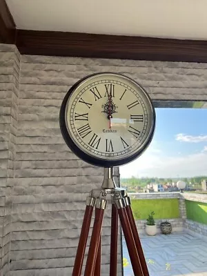 Nautical Vintage Style Floor Clock Antique Wooden Tripod Stand Industrial • $149.40